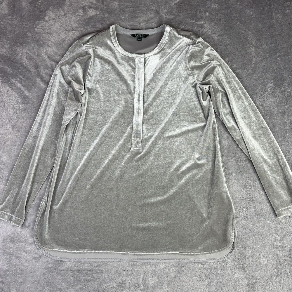 Lauren Ralph Lauren Tunic Top‎ Womens L Silver Velour Button Long Sleeve
